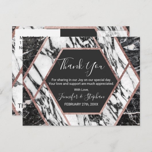 Modern Marmer Roos Gouden Trim Hexagon Dank u Briefkaart (Voorkant / Achterkant)
