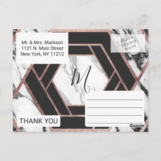 Modern Marmer Roos Gouden Trim Hexagon Dank u Briefkaart (Achterkant)