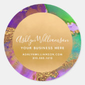 Modern marmer waterverf paars goudgroen script ronde sticker (Voorkant)