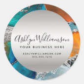 Modern marmer waterverf zilverturquoise oranje ronde sticker (Voorkant)