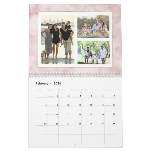 Modern marmeren fotocollage 36-Afbeelding familie Kalender (Feb 2026)
