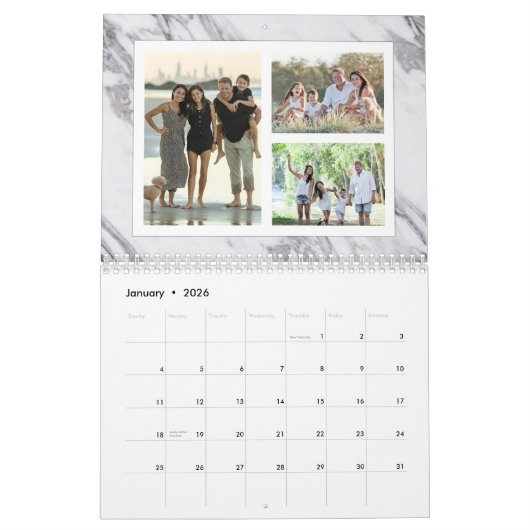 Modern marmeren fotocollage 36-Afbeelding familie Kalender (Jan 2026)