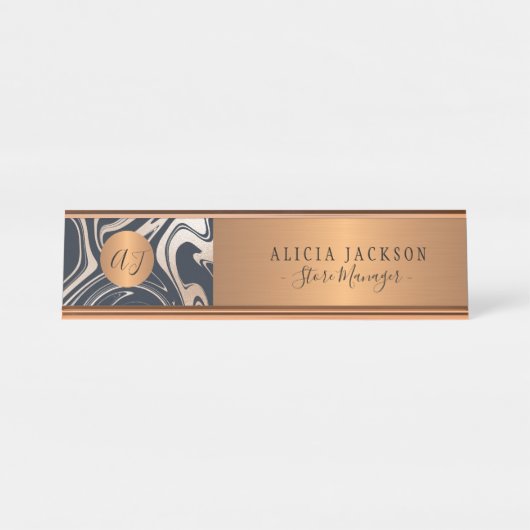 Modern marmeren patroon zwart roos goud monogram bureau naambordje (Voorkant)