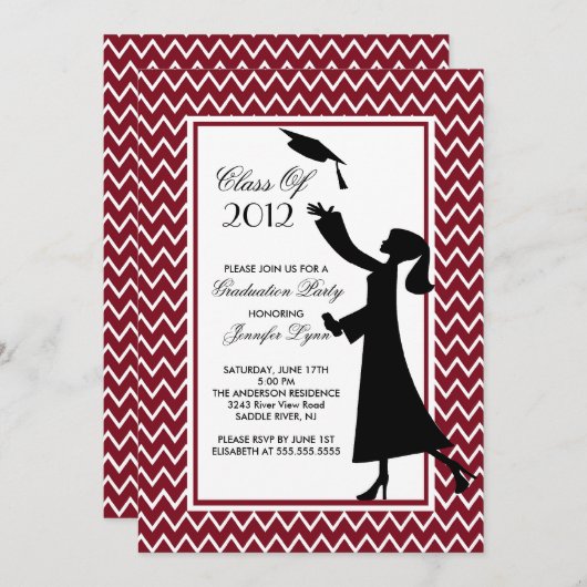 Modern Maroon Afstuderen Invitation Silhouette Kaart (Voorkant / Achterkant)