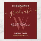 Modern Maroon Afstuderen Monogram Naam Script Wijn Etiket (Enkel label)