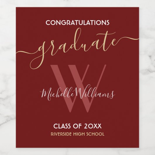 Modern Maroon Afstuderen Monogram Naam Script Wijn Etiket (Enkel label)