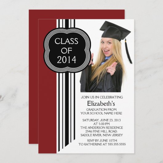 Modern Maroon Black Photo Graduparty Kaart (Voorkant / Achterkant)