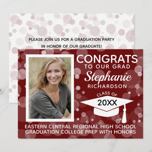 Modern Maroon Bokeh Bubbles Foto Afstuderen Kaart (Voorkant / Achterkant)