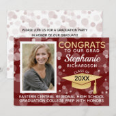 Modern Maroon Gold Bokeh Bubbles Foto Afstuderen Kaart (Voorkant / Achterkant)