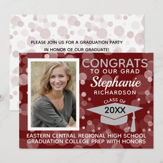 Modern Maroon Gray Bokeh Bubbles Foto Afstuderen Kaart (Voorkant / Achterkant)