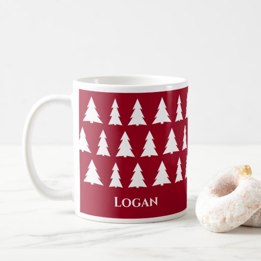 Modern Maroon kerstboom patroon met naam Koffiemok (Met donut)