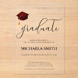 Modern Maroon Pet High School Afstudeerfeest Acryl Uitnodigingen