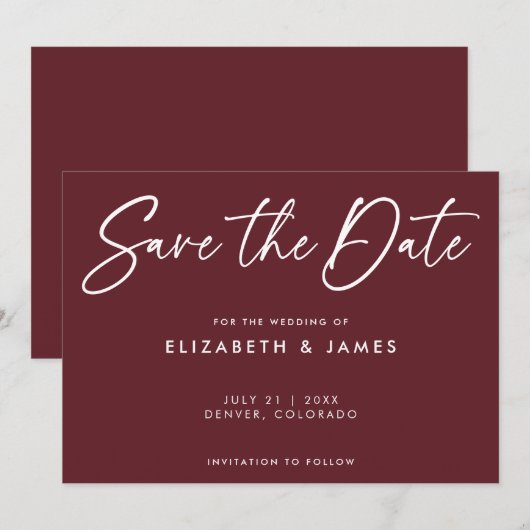 Modern maroon Wedding Save the Date Invitation Kaart (Voorkant / Achterkant)