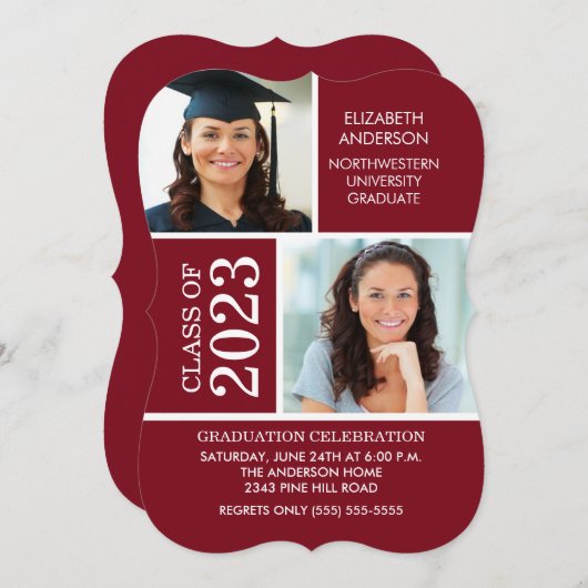 Modern Maroon & White Photo Afstuderen Invitation Kaart (Voorkant / Achterkant)
