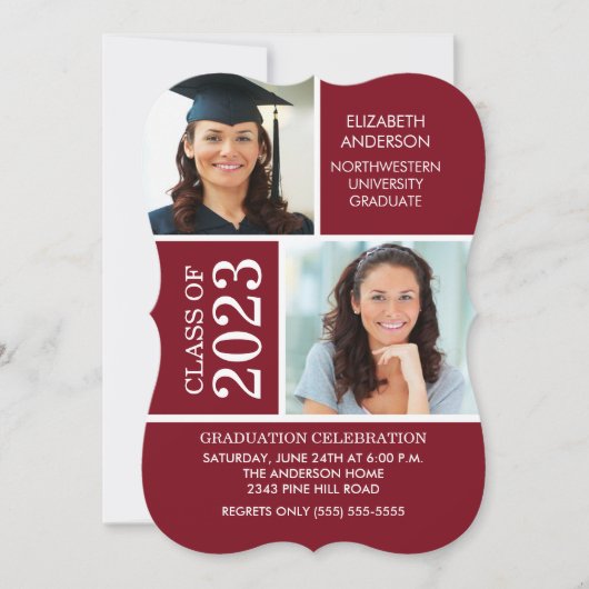 Modern Maroon & White Photo Afstuderen Invitation Kaart (Voorkant)