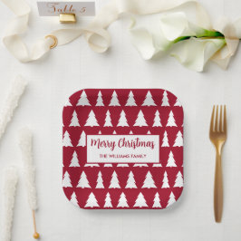Modern Maroon White Tree Patroon Kerstfeest Papieren Bordje