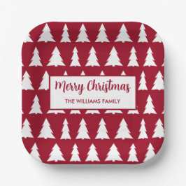 Modern Maroon White Tree Patroon Kerstfeest Papieren Bordje