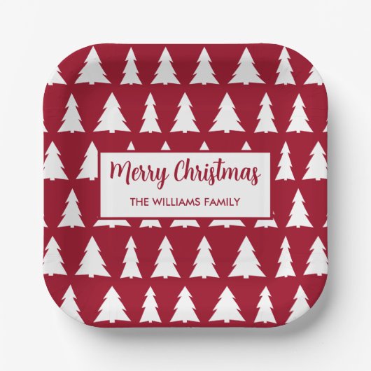 Modern Maroon White Tree Patroon Kerstfeest Papieren Bordje (Voorkant)