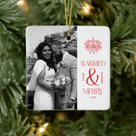 Modern Married and Merry Newlywed Bow Christmas Keramisch Ornament