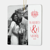 Modern Married and Merry Newlywed Bow Christmas Keramisch Ornament (Links)