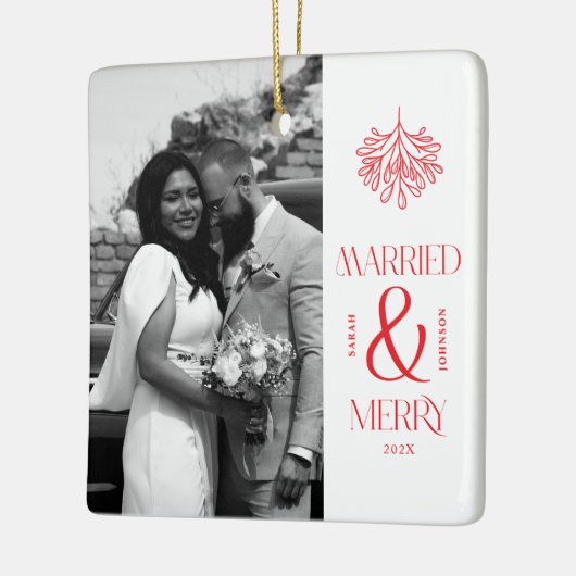 Modern Married and Merry Newlywed Bow Christmas Keramisch Ornament (Links)