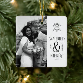 Modern Married and Merry Newlywed Bow Christmas Keramisch Ornament