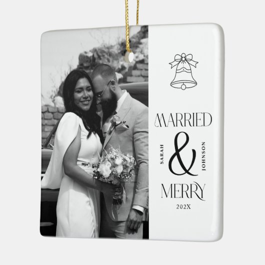 Modern Married and Merry Newlywed Bow Christmas Keramisch Ornament (Links)