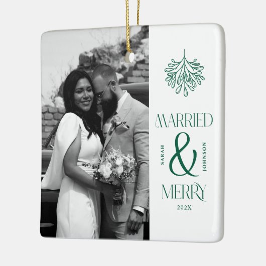 Modern Married and Merry Newlywed Bow Christmas Keramisch Ornament (Links)