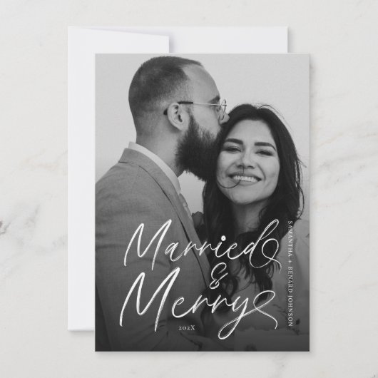 Modern Married and Merry Pas getrouwd Script voor  Feestdagenkaart (Voorkant)