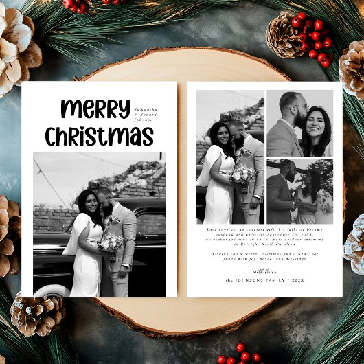 Modern Married Newlywed Cute Merry Christmas Feestdagenkaart