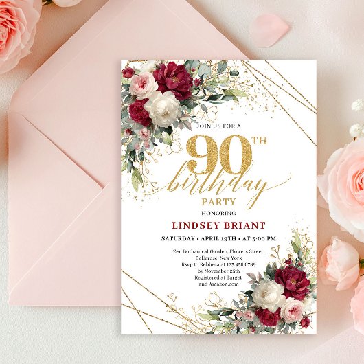 Modern Marsala Gold Floral 90th Birthday Invitatio Kaart