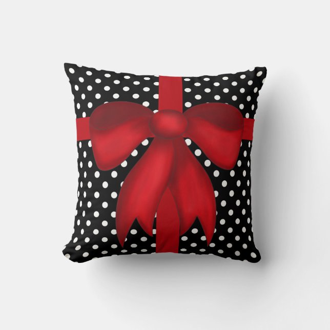 Modern-mas-Pillow, B&W Polka Dots met rode Bow Kussen (Voorkant)