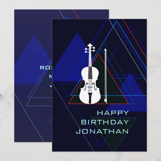 Modern & Masculine Navy Blue Music Violin Birthday Kaart (Voorkant / Achterkant)