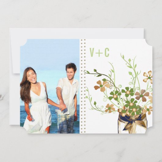 Modern Mason Jar Bronze en Green Floral Wedding Kaart (Achterkant)