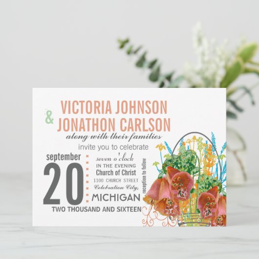 Modern Mason Jar Coral en Mint Floral Wedding Kaart (Staand voorkant)
