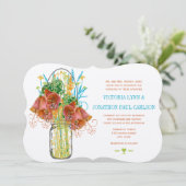 Modern Mason Jar Coral Yellow Limoen Floral Weddin Kaart (Staand voorkant)
