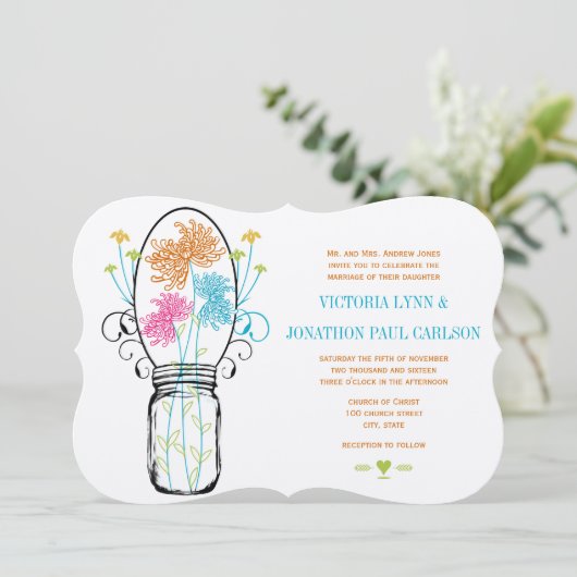 Modern Mason Jar Pink Oranje Limoen Floral Wedding Kaart (Staand voorkant)