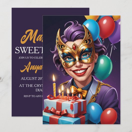 Modern Masquerade Sweet 16 Uitnodigingen (Voorkant / Achterkant)