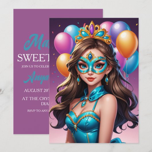 Modern Masquerade Sweet 16 Uitnodigingen (Voorkant / Achterkant)