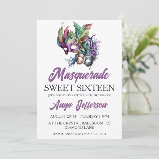 Modern Masquerade Sweet 16 Uitnodigingen (Staand voorkant)