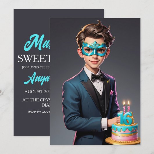 Modern Masquerade Sweet 16 Uitnodigingen (Voorkant / Achterkant)