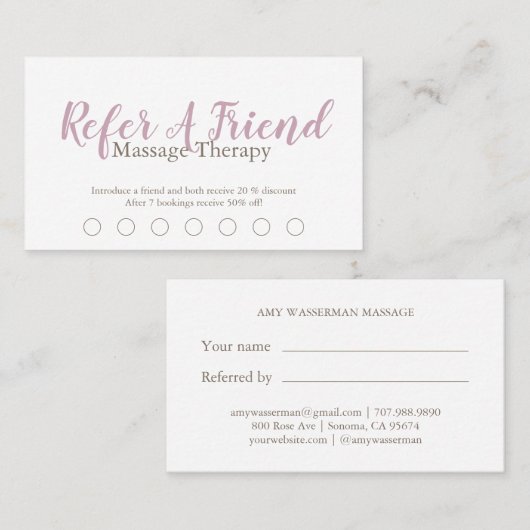 Modern Massage Therapist Script Blush Pink Klantenkaartje (Voorkant / Achterkant)
