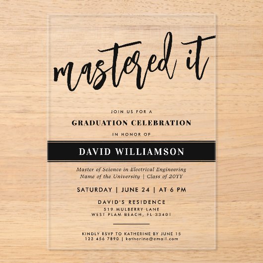 Modern Master's Degree Afstuderen Beheerde het Acryl Uitnodigingen (Voorkant)