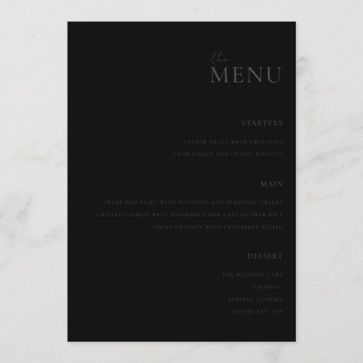 Modern mat zwart minimaal bruiloft menu (Voorkant)