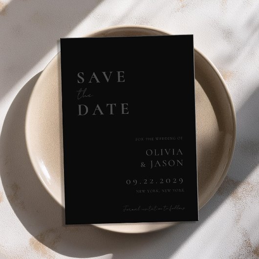 Modern mat zwart minimale bruiloft save the date