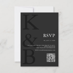 Modern mat zwart monogram minimalistische bruiloft RSVP kaartje