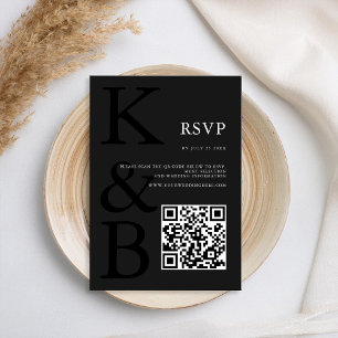 Modern mat zwart monogram minimalistische bruiloft RSVP kaartje