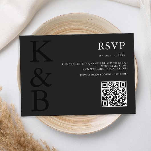 Modern mat zwart monogram minimalistische bruiloft RSVP kaartje