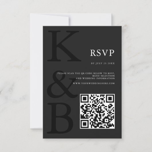 Modern mat zwart monogram minimalistische bruiloft RSVP kaartje (Voorkant)