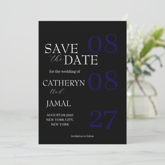 Modern Matte Black Minimalist Save The Date (Staand voorkant)